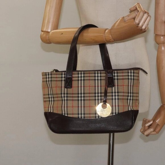 BURBERRY Nova Check Hand Bag Canvas Beige Brown gold Auth - Picture 1 of 16